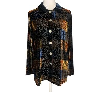 Robert Louis Women’s Medium Silk Blend Blue Brown Velvet Burnout Button Top